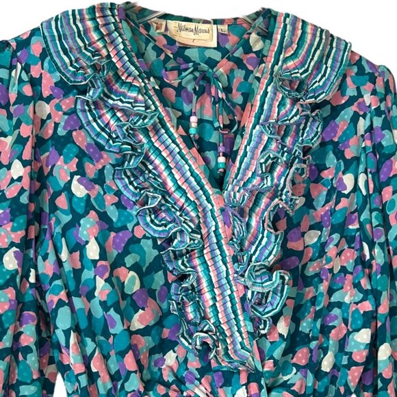 VTG Neiman Marcus Susan Freis Ruffle Collar Pleated Long Sleeve Dress Size Large - Picture 8 of 10